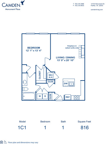 Blueprint of 1C1 Floor Plan, 1 Bedroom and 1 Bathroom at Camden Monument Place Apartments in Fairfax, VA