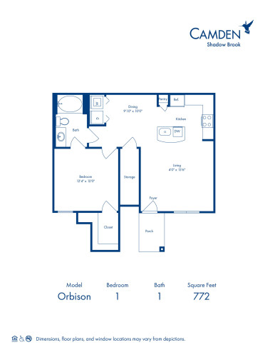 Blueprint of Orbison Floor Plan, 1 Bedroom and 1 Bathroom at Camden Shadow Brook Apartments in Austin, TX