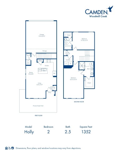 Blueprint of Holly Floor Plan, 2 Bedroom and 2.5 Bathroom Home at Camden Woodmill Creek in Spring, TX