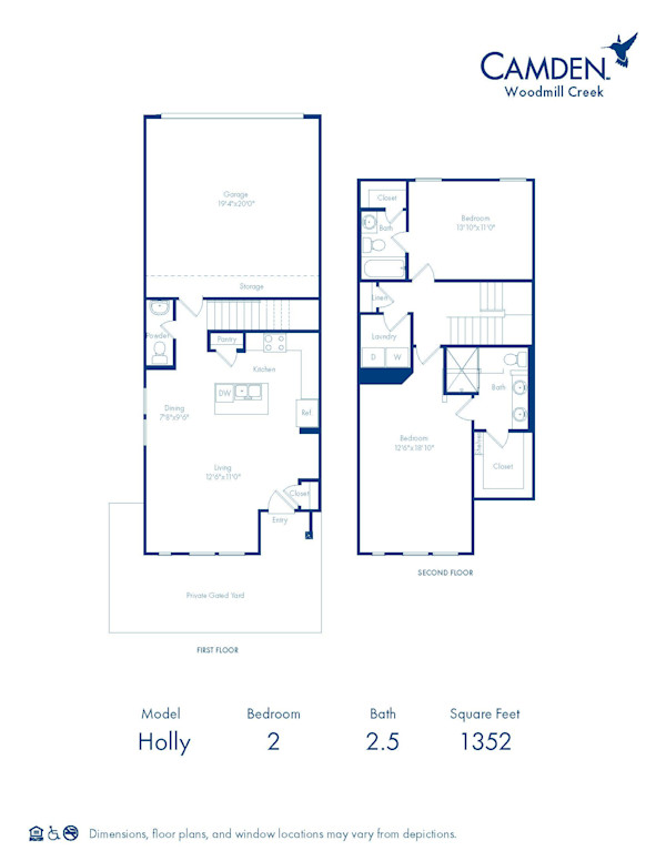 Blueprint of Holly Floor Plan, 2 Bedroom and 2.5 Bathroom Home at Camden Woodmill Creek in Spring, TX