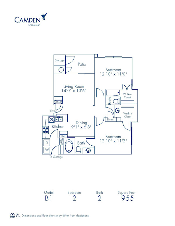Blueprint of B1 Floor Plan, 2 Bedrooms and 2 Bathrooms at Camden Stoneleigh Apartments in Austin, TX