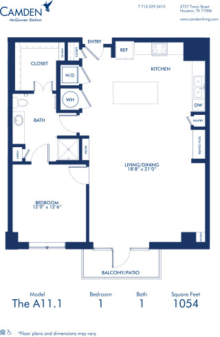 Blueprint of A11.1 Floor Plan, One Bedroom and One Bathroom Apartment at Camden McGowen Station Apartments in Midtown Houston, TX