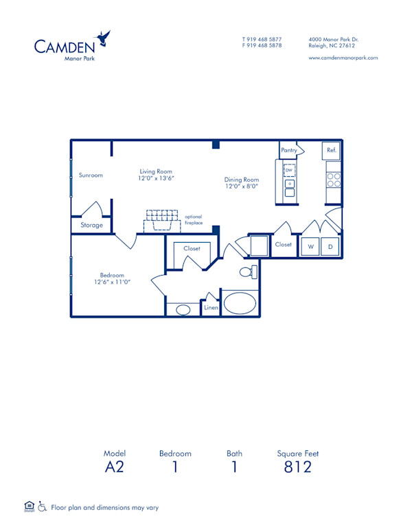 Blueprint of A2 Floor Plan, 1 Bedroom and 1 Bathroom at Camden Manor Park Apartments in Raleigh, NC