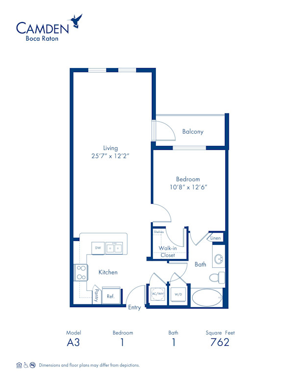 Blueprint of The A-2 Floor Plan, 1 Bedroom and 1 Bathroom at Camden Boca Raton Apartments in Boca Raton, FL