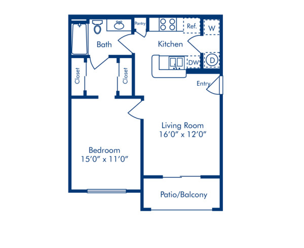 Blueprint of A Floor Plan, 1 Bedroom and 1 Bathroom at Camden Holly Springs Apartments in Houston, TX