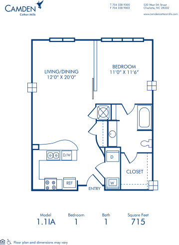Blueprint of 1.1IA Floor Plan, 1 Bedroom and 1 Bathroom at Camden Cotton Mills Apartments in Charlotte, NC