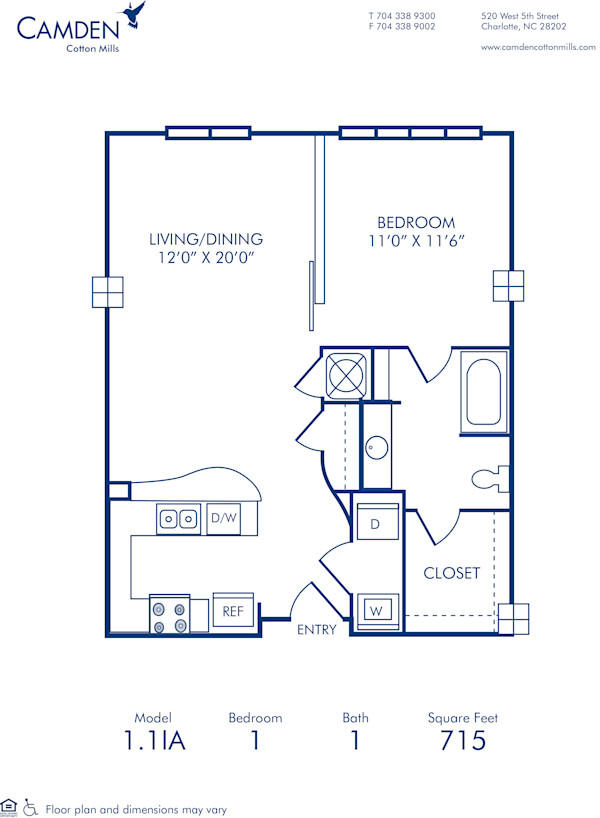 Blueprint of 1.1IA Floor Plan, 1 Bedroom and 1 Bathroom at Camden Cotton Mills Apartments in Charlotte, NC