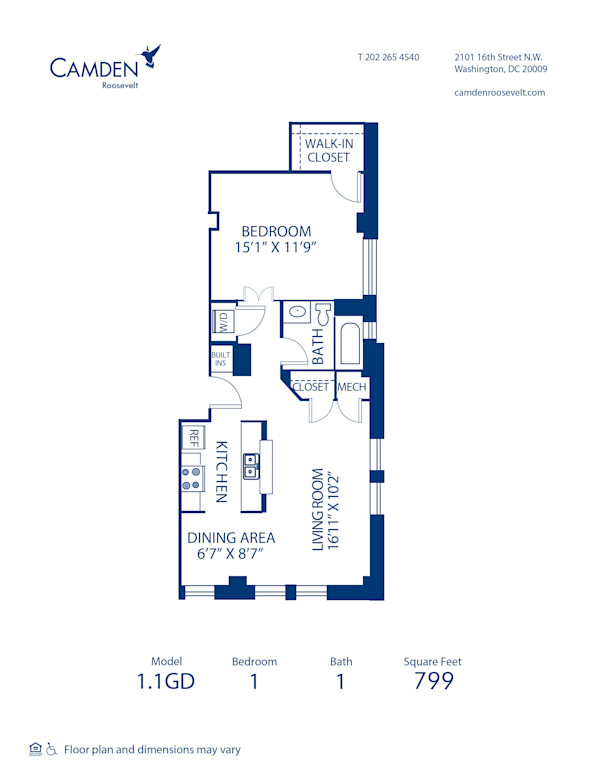 Blueprint of 1.1GD Floor Plan, 1 Bedroom and 1 Bathroom at Camden Roosevelt Apartments in Washington, DC