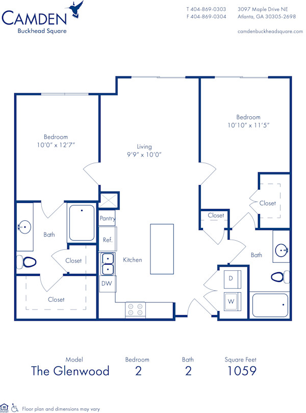 Blueprint of Glenwood Floor Plan, Apartment Home with 2 Bedrooms and 2 Bathrooms at Camden Buckhead Square in Atlanta, GA