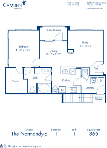 Blueprint of Normandy E Floor Plan, 1 Bedroom and 1 Bathroom at Camden Yorktown Apartments in Houston, TX