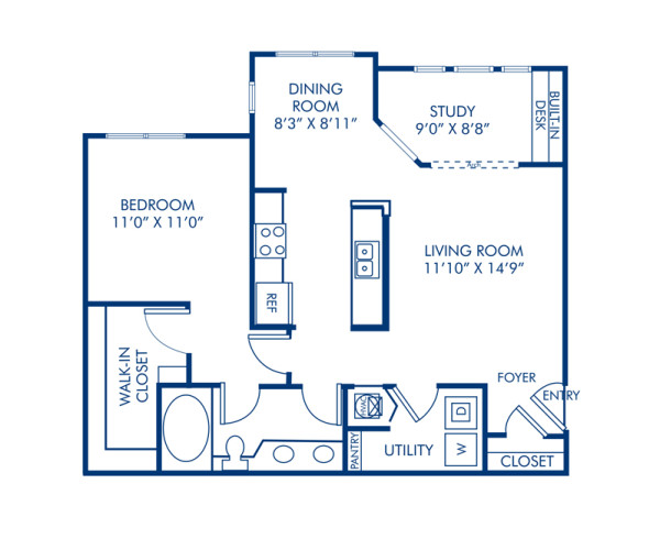 Blueprint of 1.1S Floor Plan, 1 Bedroom and 1 Bathroom at Camden Stonecrest Apartments in Charlotte, NC