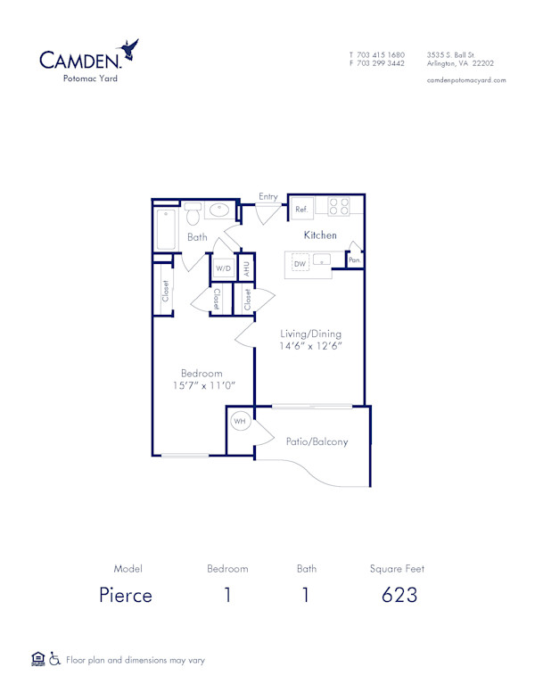 Blueprint of Pierce Floor Plan, 1 Bedroom and 1 Bathroom at Camden Potomac Yard Apartments in Arlington, VA