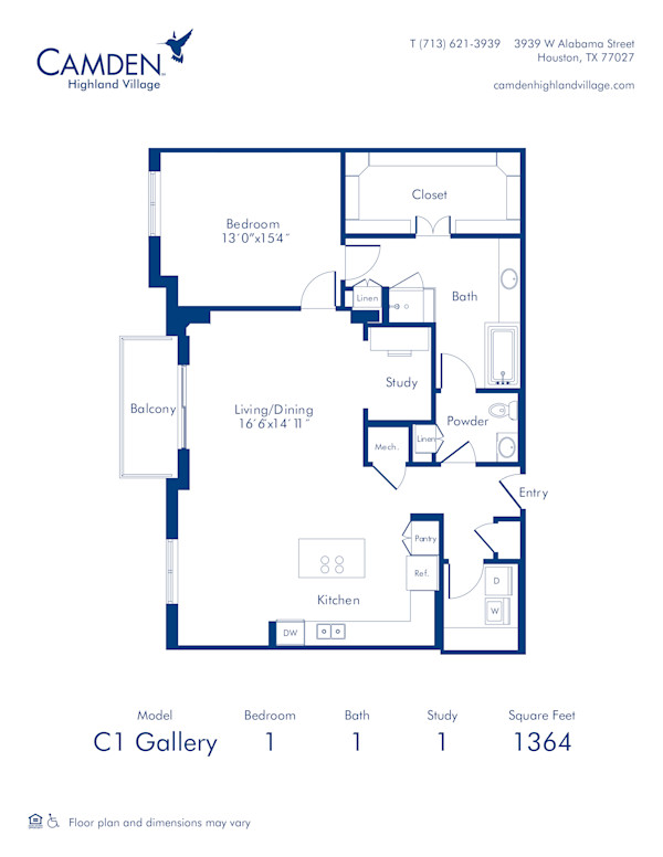 Camden Highland Village apartments in Houston, TX Gallery one bedroom floor plan C1