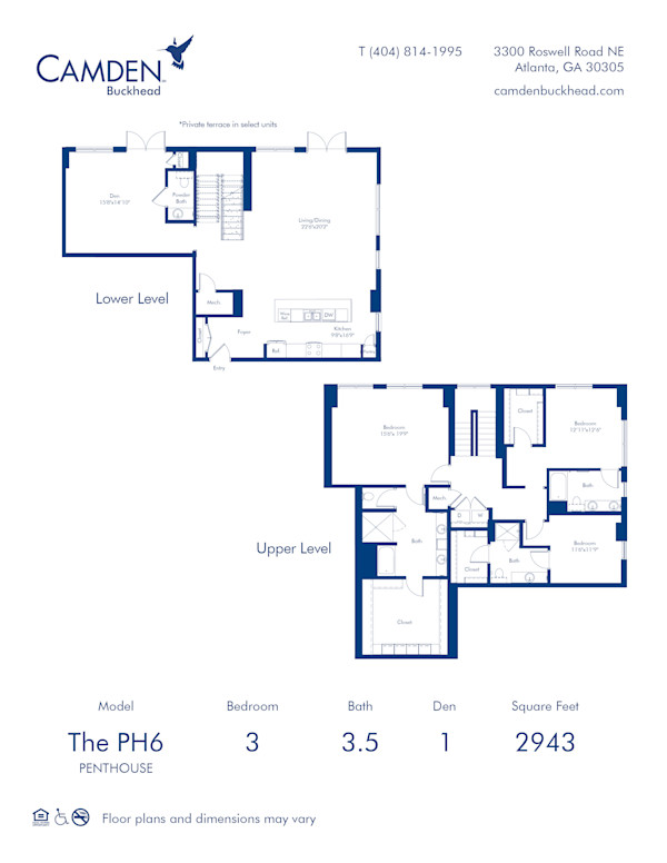Blueprint of PH6 floor plan, Three Bedroom Apartment Home with 3.5 Bathrooms at Camden Buckhead in Atlanta, GA