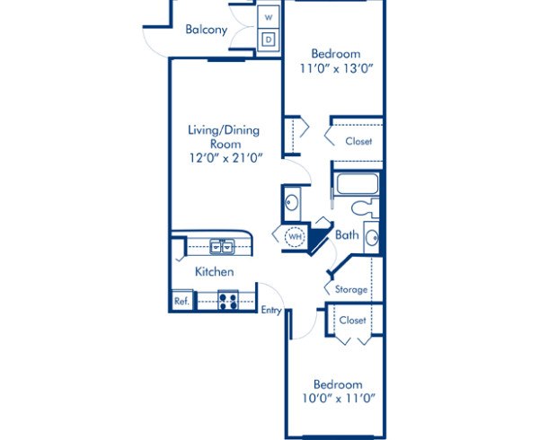 Blueprint of Bellini Floor Plan, 2 Bedrooms and 1 Bathroom at Camden Portofino Apartments in Pembroke Pines, FL