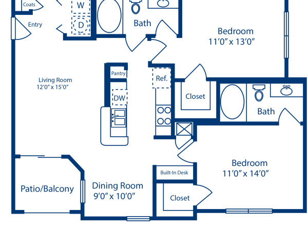 Blueprint of E2 Floor Plan, 2 Bedrooms and 2 Bathrooms at Camden Holly Springs Apartments in Houston, TX