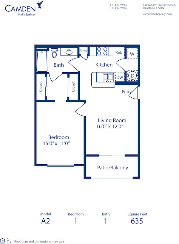 Blueprint of A2 Floor Plan, Apartment Home with 1 Bedroom and 1 Bathroom at Camden Holly Springs in Houston, TX