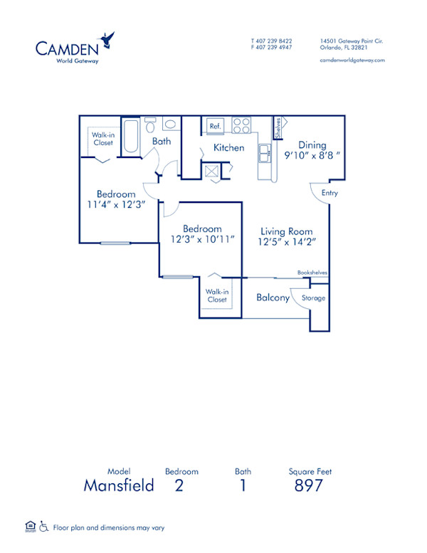 Blueprint of Mansfield Floor Plan, 2 Bedrooms and 1 Bathroom at Camden World Gateway Apartments in Orlando, FL