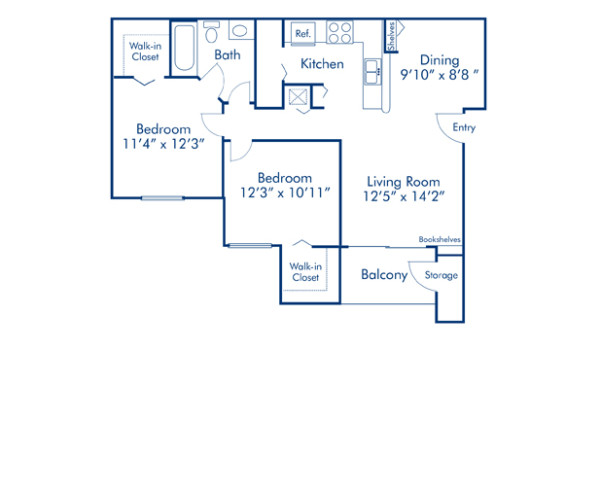 Blueprint of Mansfield Floor Plan, 2 Bedrooms and 1 Bathroom at Camden World Gateway Apartments in Orlando, FL