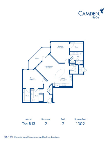 The B13 floor plan, 2 bed, 2 bath at Camden NoDa Apartments in Charlotte, NC