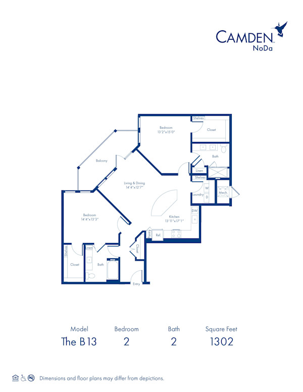 The B13 floor plan, 2 bed, 2 bath at Camden NoDa Apartments in Charlotte, NC