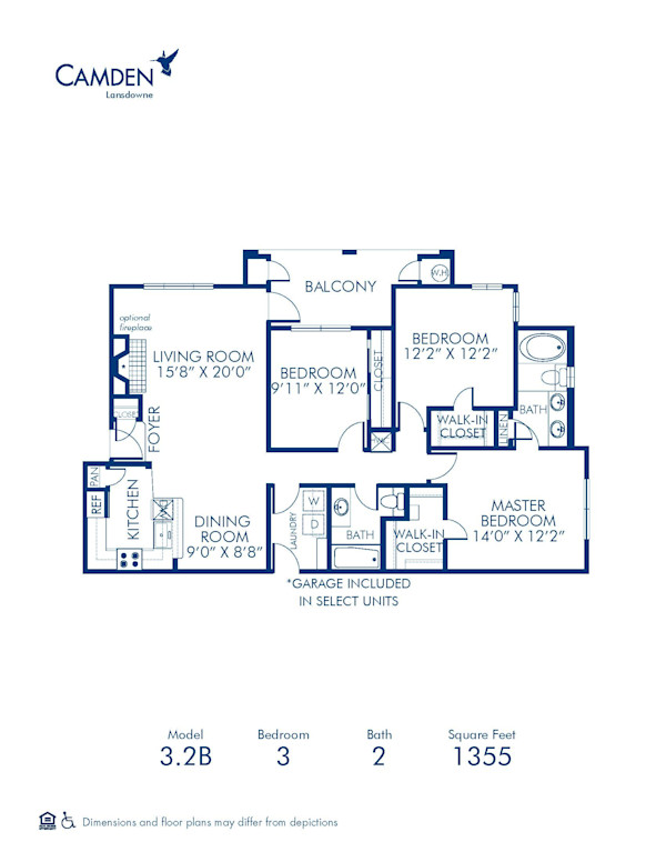 Blueprint of 3.2B Floor Plan, 3 Bedrooms and 2 Bathrooms at Camden Lansdowne Apartments in Lansdowne, VA