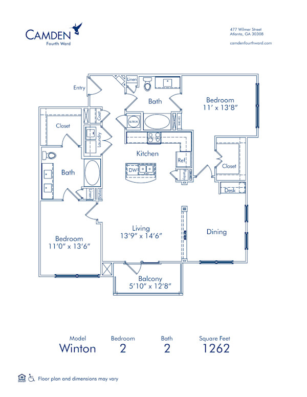 Blueprint of Winton Floor Plan, 2 Bedrooms and 2 Bathrooms at Camden Fourth Ward Apartments in Atlanta, GA
