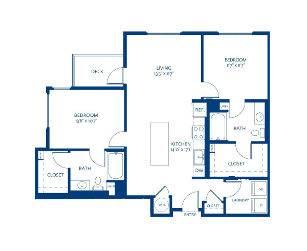 Blueprint of B7 Floor Plan, 2 Bedrooms and 2 Bathrooms at The Camden Apartments in Hollywood, CA