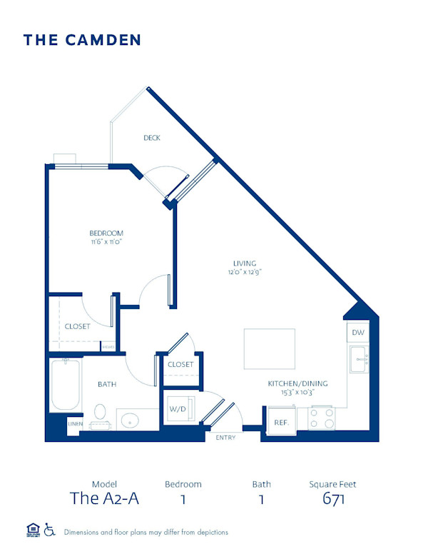 Blueprint of A2-A Floor Plan, 1 Bedroom and 1 Bathroom Apartment Home at The Camden in Hollywood, CA
