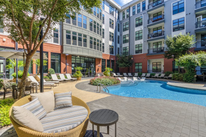 Lounge seating next to saltwater pool at Camden Gallery in Charlotte NC