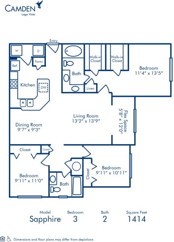 Blueprint of Sapphire Floor Plan, 3 Bedrooms and 2 Bathrooms at Camden Lago Vista Apartments in Orlando, FL