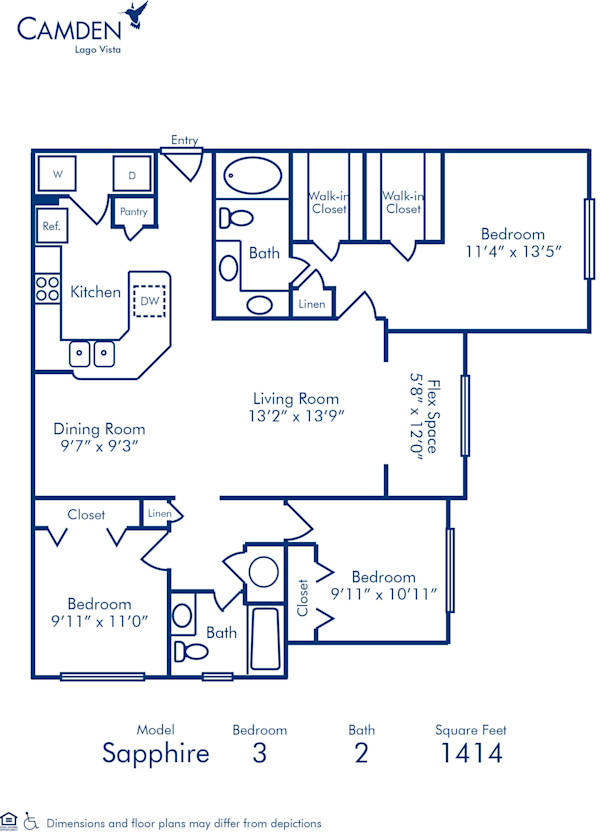 Blueprint of Sapphire Floor Plan, 3 Bedrooms and 2 Bathrooms at Camden Lago Vista Apartments in Orlando, FL