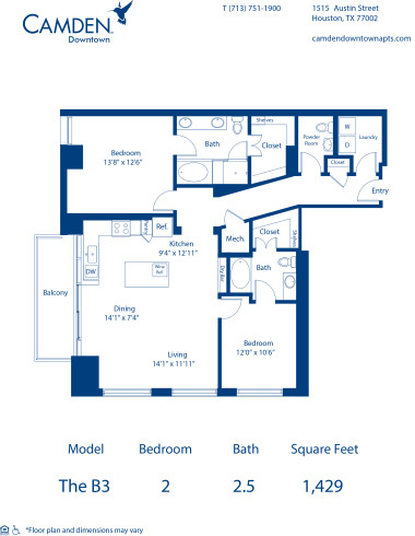 Camden Downtown Houston apartments two bedroom floor plan B3