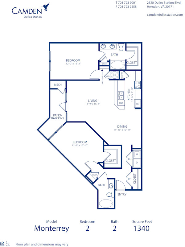 Blueprint of Monterrey Floor Plan, Apartment Home with 2 Bedrooms and 2 Bathrooms at Camden Dulles Station in Herndon, VA