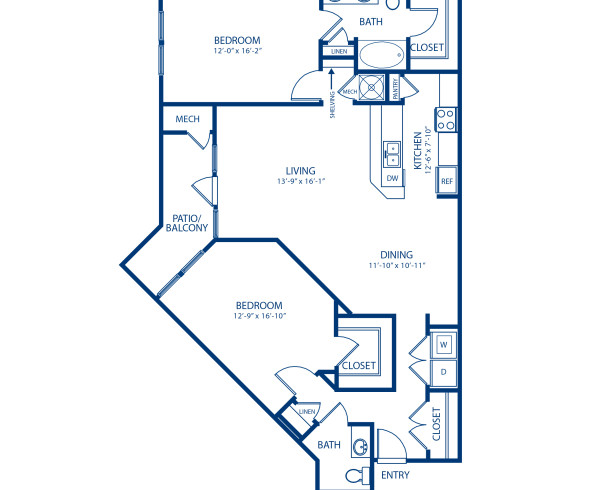 Blueprint of Monterrey Floor Plan, Apartment Home with 2 Bedrooms and 2 Bathrooms at Camden Dulles Station in Herndon, VA