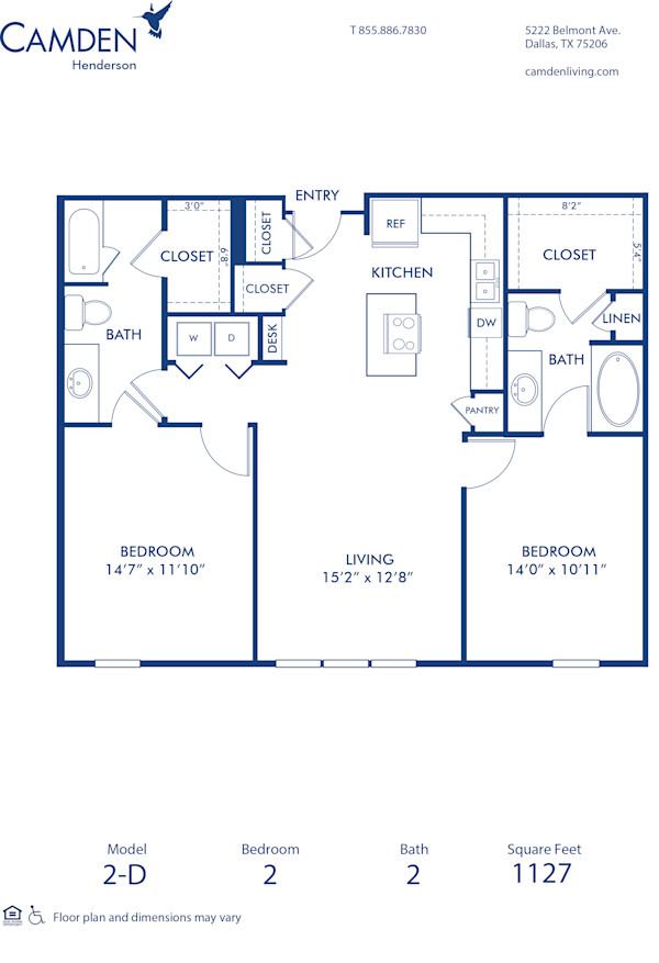 Blueprint of D Floor Plan, 2 Bedrooms and 2 Bathrooms at Camden Henderson Apartments in Dallas, TX
