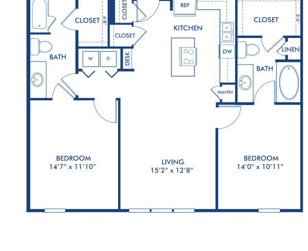 Blueprint of D Floor Plan, 2 Bedrooms and 2 Bathrooms at Camden Henderson Apartments in Dallas, TX