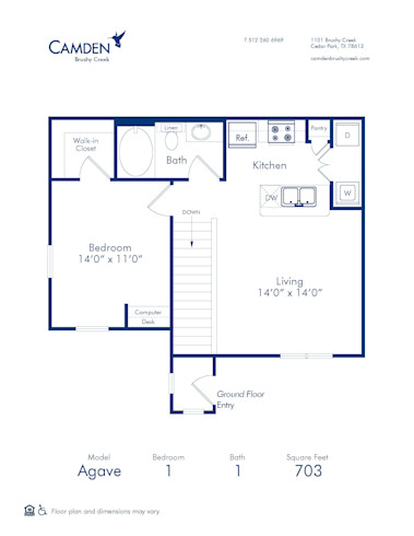 Agave one bedroom one bathroom floor plan diagram at Camden Brushy Creek apartments in Austin, Texas