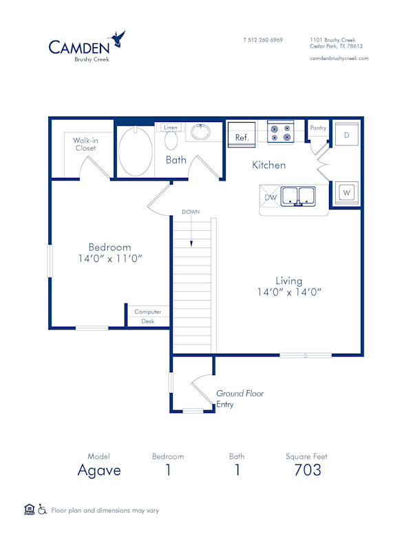 Agave one bedroom one bathroom floor plan diagram at Camden Brushy Creek apartments in Austin, Texas