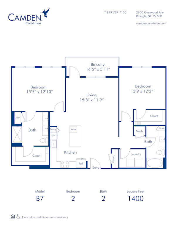 Camden Carolinian apartments in Raleigh, North Carolina two bedroom floor plan B7