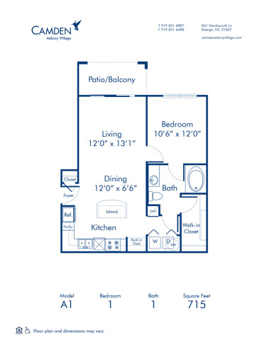 Blueprint of A1 Floor Plan, 1 Bedroom and 1 Bathroom at Camden Asbury Village Apartments in Raleigh, NC