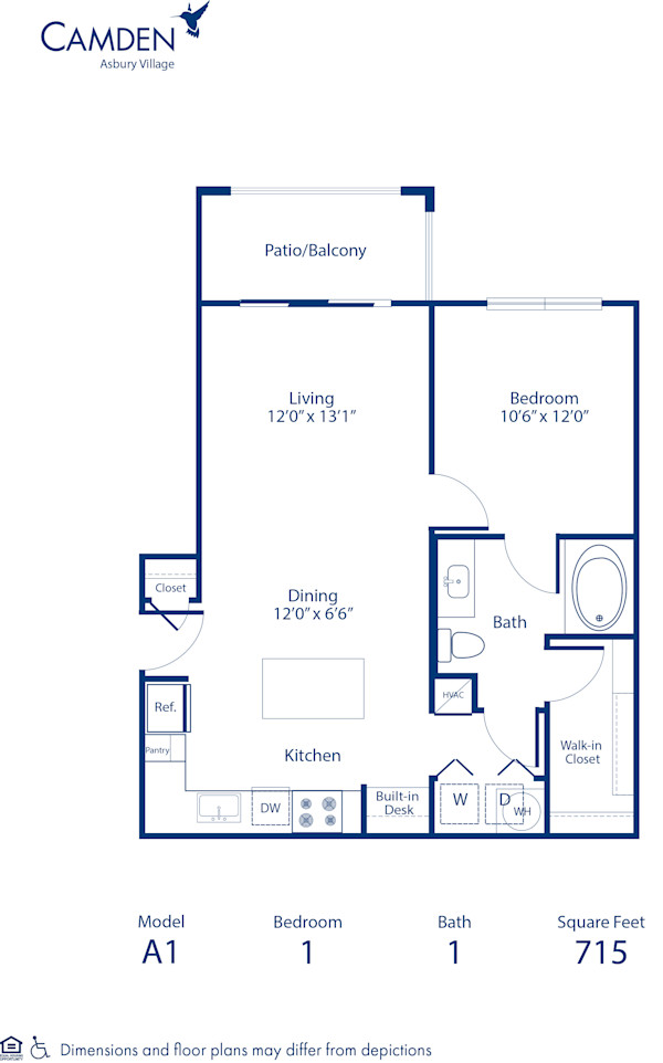 Blueprint of A1 Floor Plan, 1 Bedroom and 1 Bathroom at Camden Asbury Village Apartments in Raleigh, NC