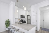 Renovated kitchen with gray quartz countertops and stainless steel appliances at Camden Dunwoody in Atlanta GA