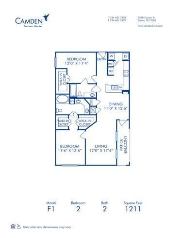 Blueprint of F1 Floor Plan, 2 Bedrooms and 2 Bathrooms at Camden Farmers Market Apartments in Dallas, TX