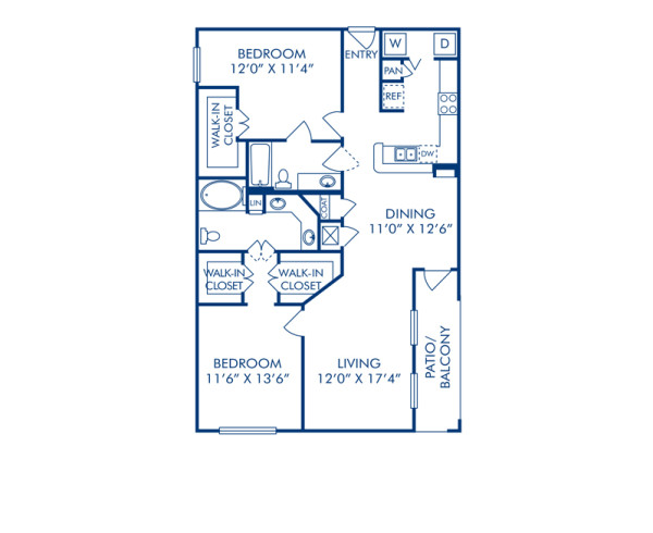 Blueprint of F1 Floor Plan, 2 Bedrooms and 2 Bathrooms at Camden Farmers Market Apartments in Dallas, TX