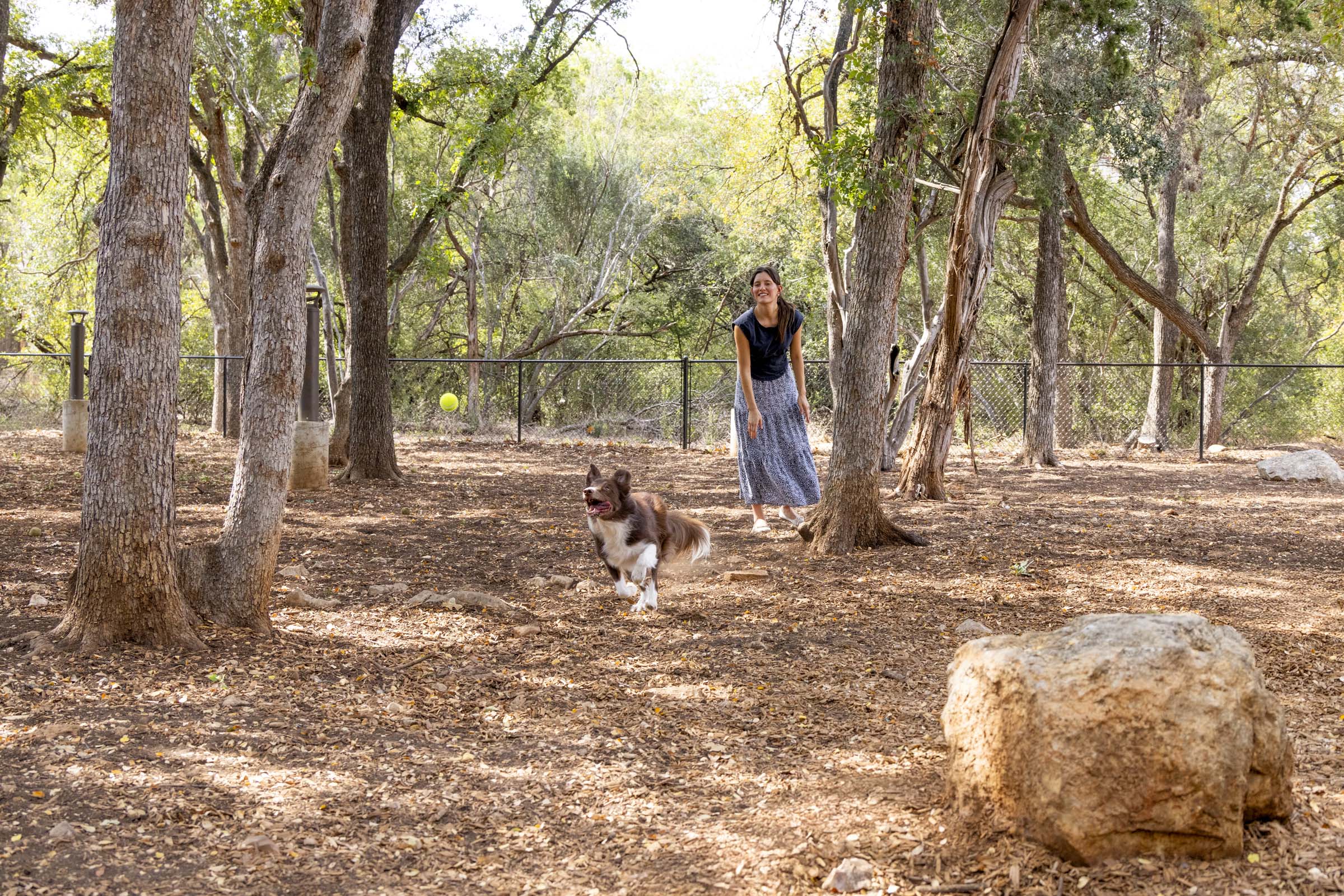 Resident throwing a ball to a dog in the onsite dog park at Camden Gaines Ranch apartments in Austin, TX