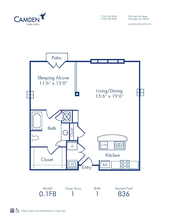 Blueprint of 0.1FB Floor Plan, Studio with 1 Bathroom at Camden Cotton Mills Apartments in Charlotte, NC