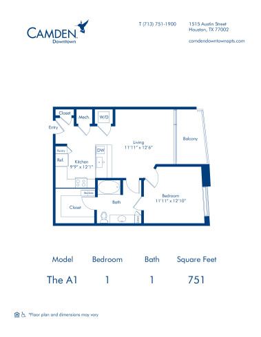 Camden Downtown Houston apartments one bedroom floor plan A1