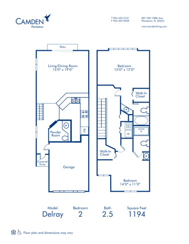 Blueprint of Delray Floor Plan, 2 Bedrooms and 2 Bathrooms at Camden Plantation Apartments in Plantation, FL