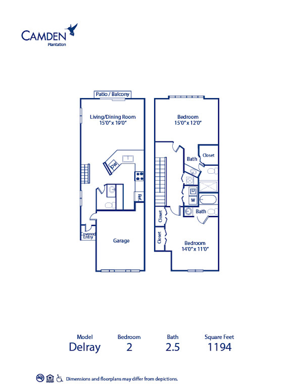 Blueprint of Delray Floor Plan, 2 Bedrooms and 2 Bathrooms at Camden Plantation Apartments in Plantation, FL